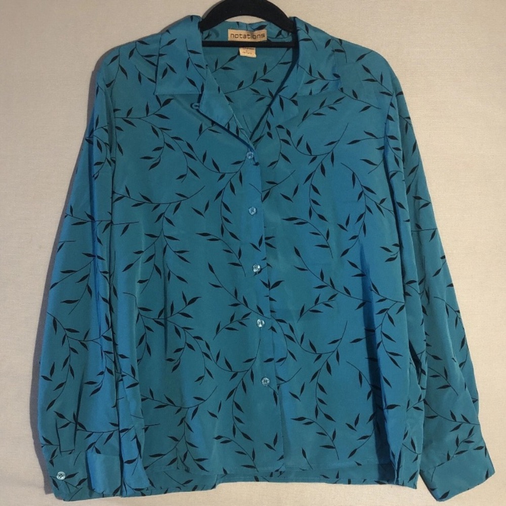 Vtg Notations Sz L Silky Teal Turquoise Relaxed Button Up Black Leaf Print